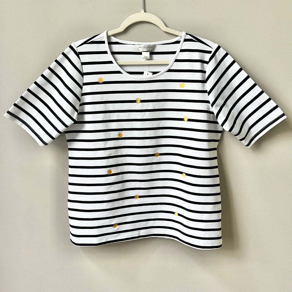 Christopher & Banks Knit Top Women's Petite Large New Stripes Embroidered Suns